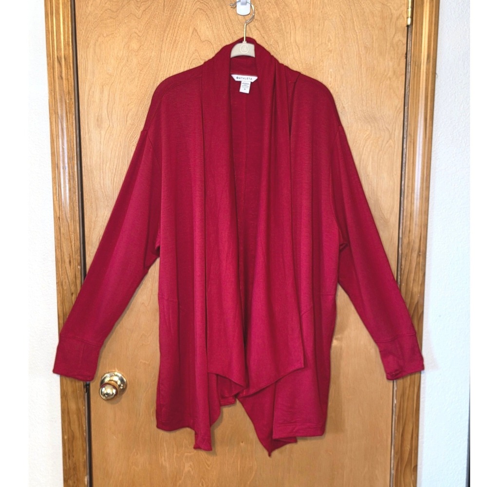 Athleta Pranayama Restore Wrap Red Open Front Draped Cardigan Thumbholes 1X